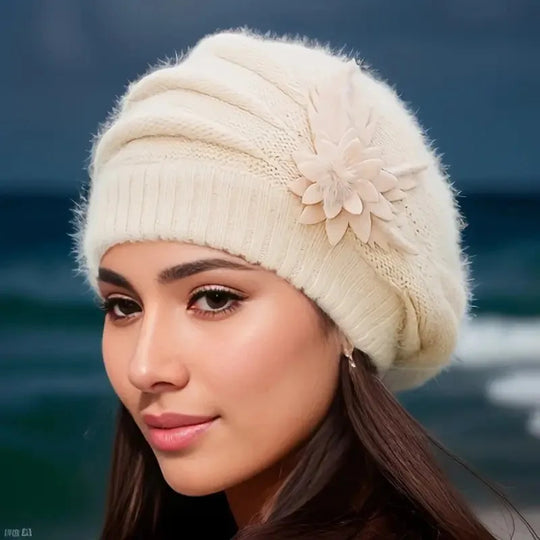 Cozy Knit Winter Hat Flower Beret Hat