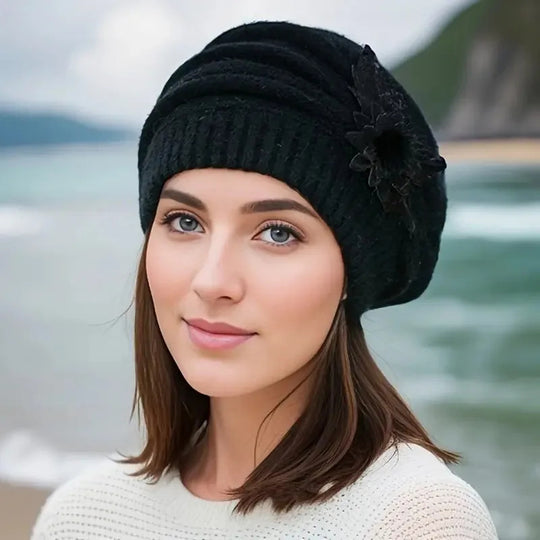 Cozy Knit Winter Hat Flower Beret Hat