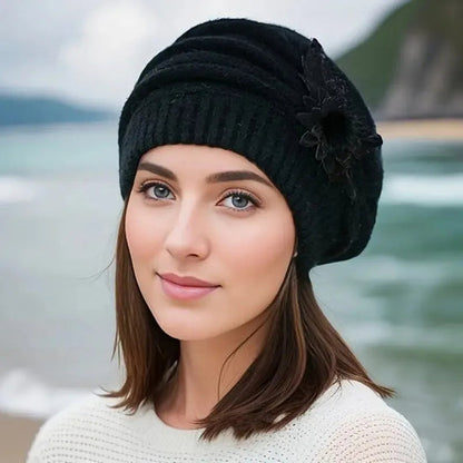 Cozy Knit Winter Hat Flower Beret Hat
