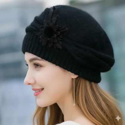 Cozy Knit Winter Hat Flower Beret Hat
