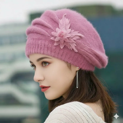 Cozy Knit Winter Hat Flower Beret Hat