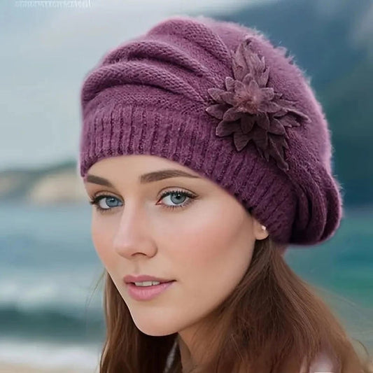 Cozy Knit Winter Hat Flower Beret Hat