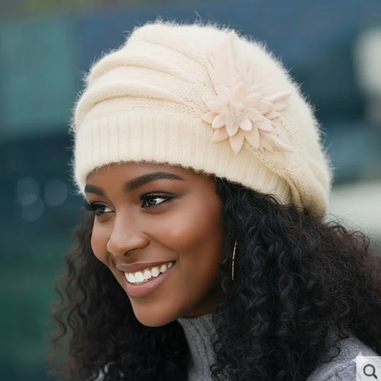 Cozy Knit Winter Hat Flower Beret Hat